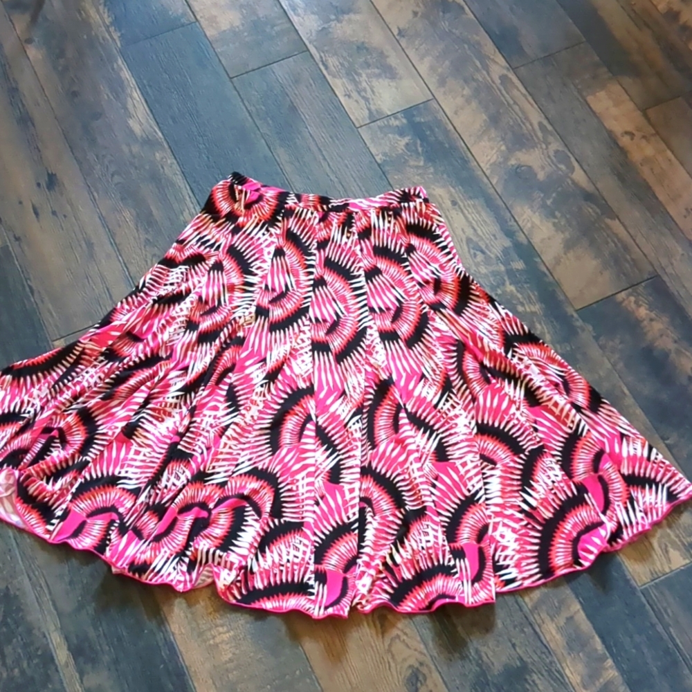 Premise Retro Midi Skirt Pull On Stretchy Tropical Print Hot Pink Full Flowy EUC